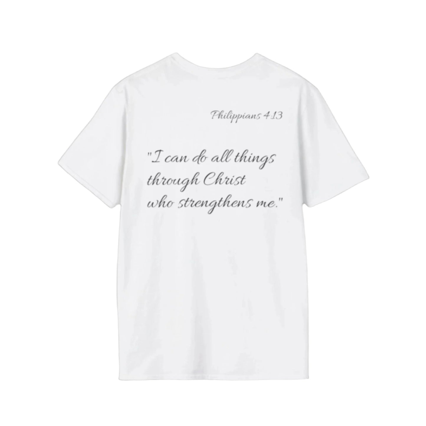 White t-shirt with black text on a white background