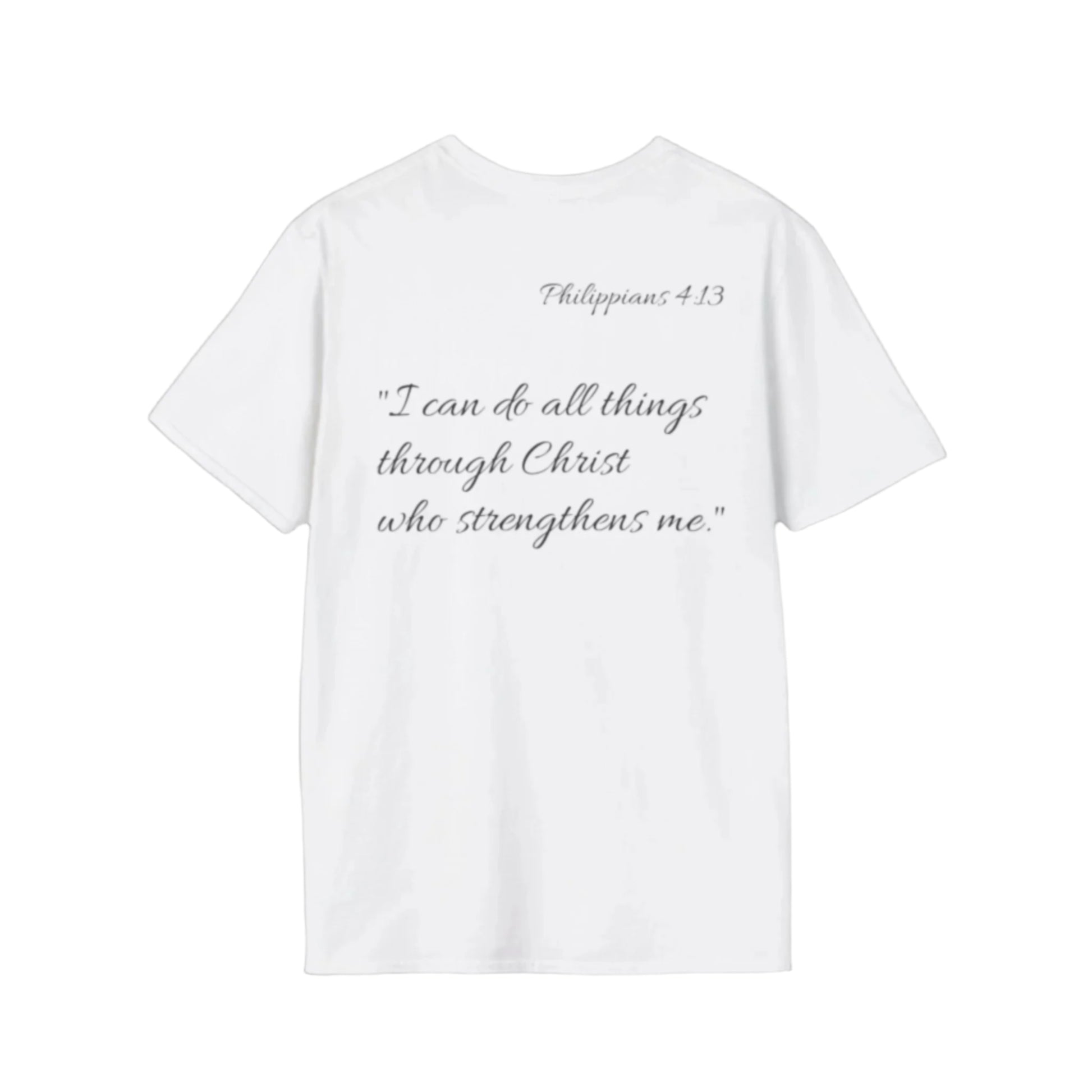 White t-shirt with black text on a white background