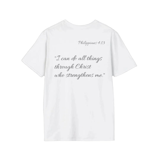 White t-shirt with black text on a white background